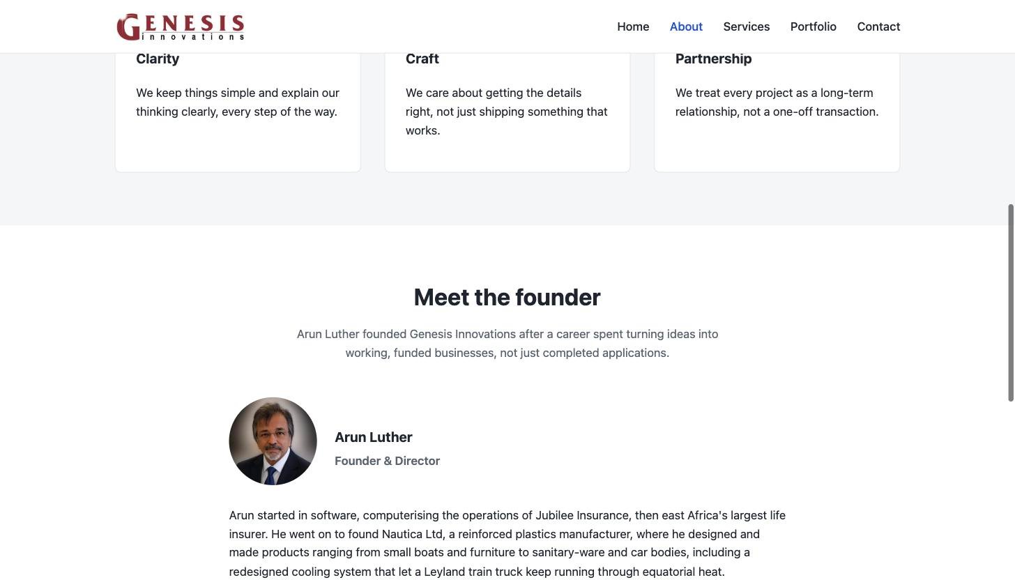Genesis Innovations founder bio after the rebuild