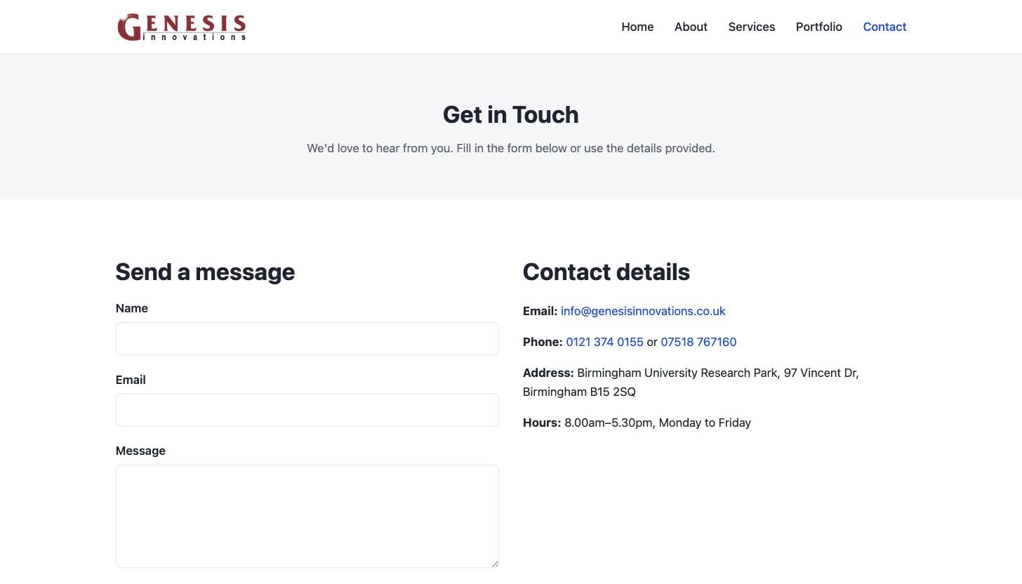 Genesis Innovations contact page after the rebuild