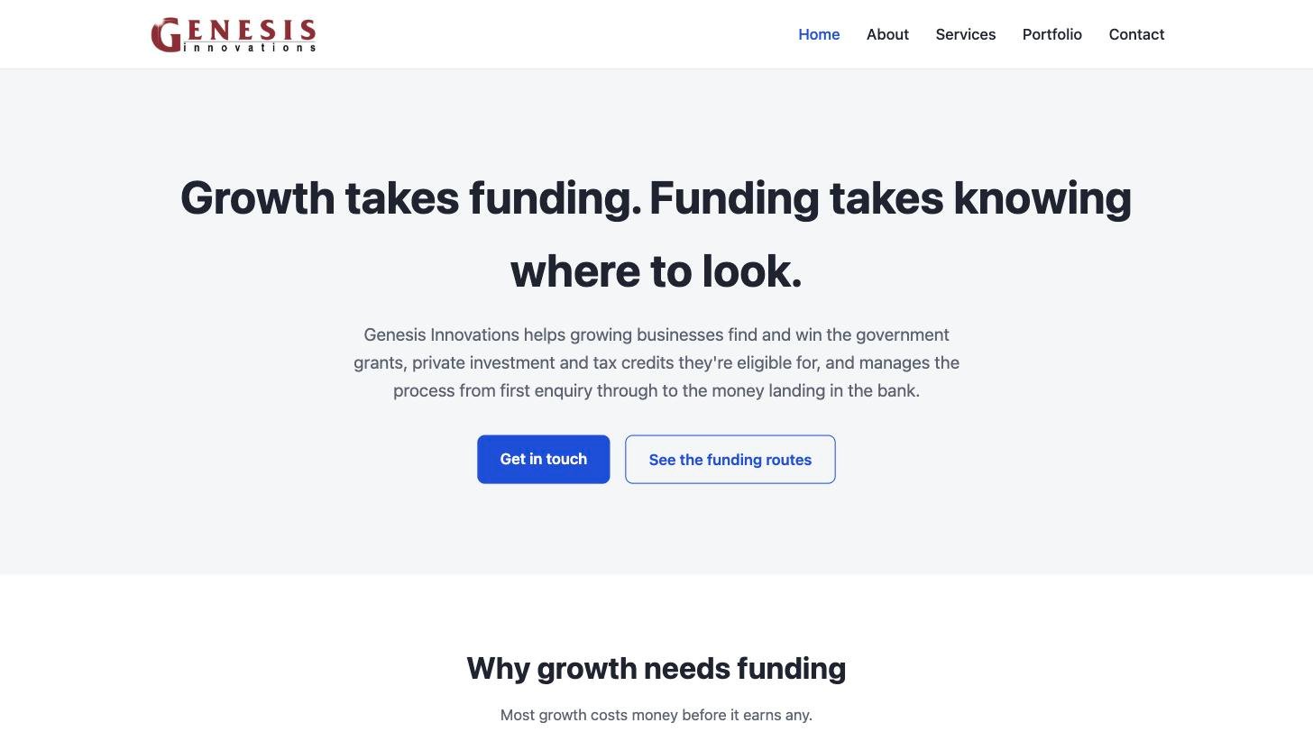 Genesis Innovations homepage after the rebuild