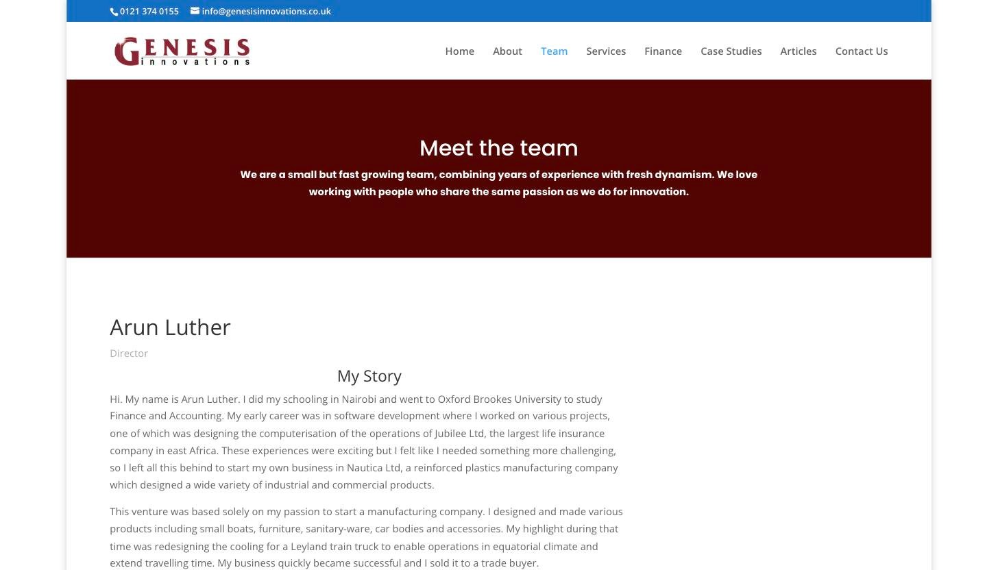 Genesis Innovations team page before the rebuild