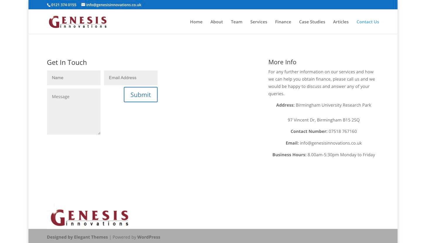 Genesis Innovations contact page before the rebuild