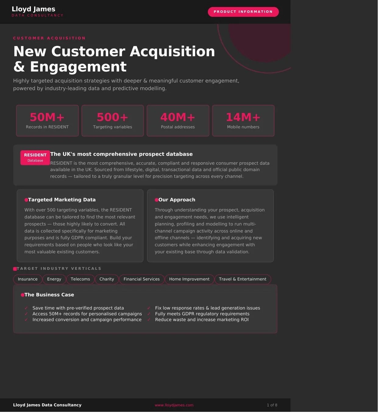 New Customer Acquisition and Engagement product sheet created for Lloyd James Data Consultancy