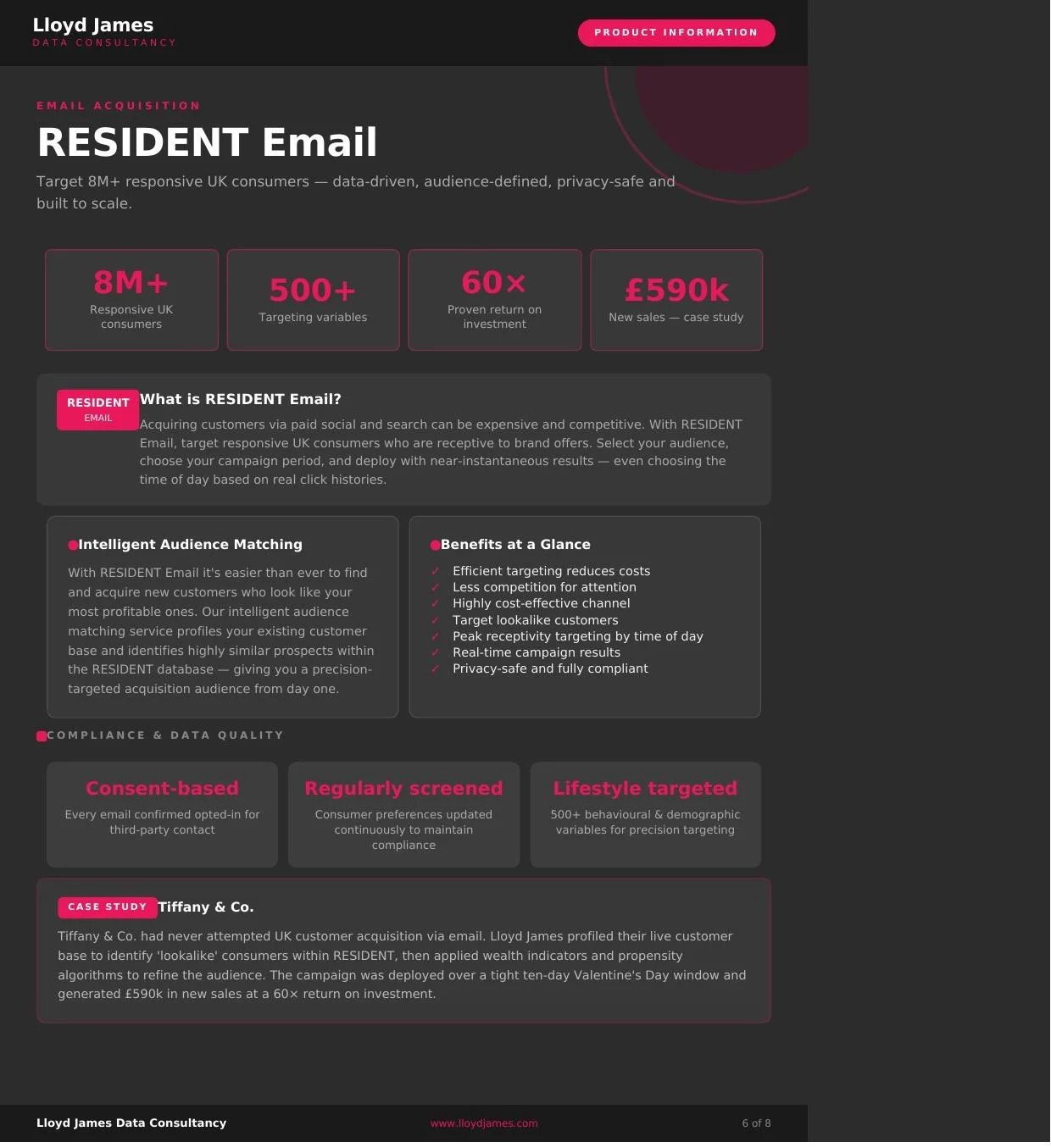 RESIDENT Email product sheet created for Lloyd James Data Consultancy