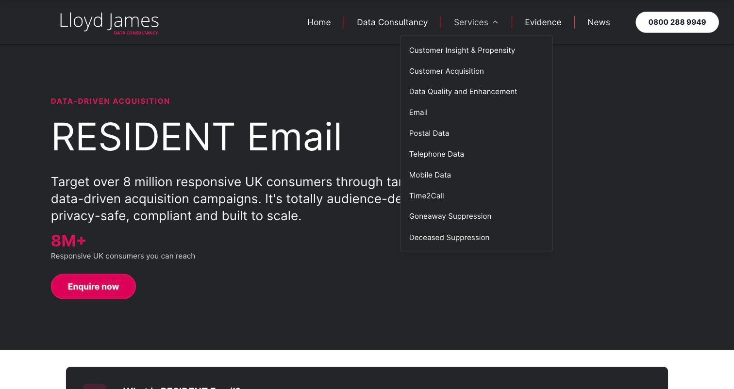 Lloyd James Data Consultancy live Services navigation menu listing individual product pages
